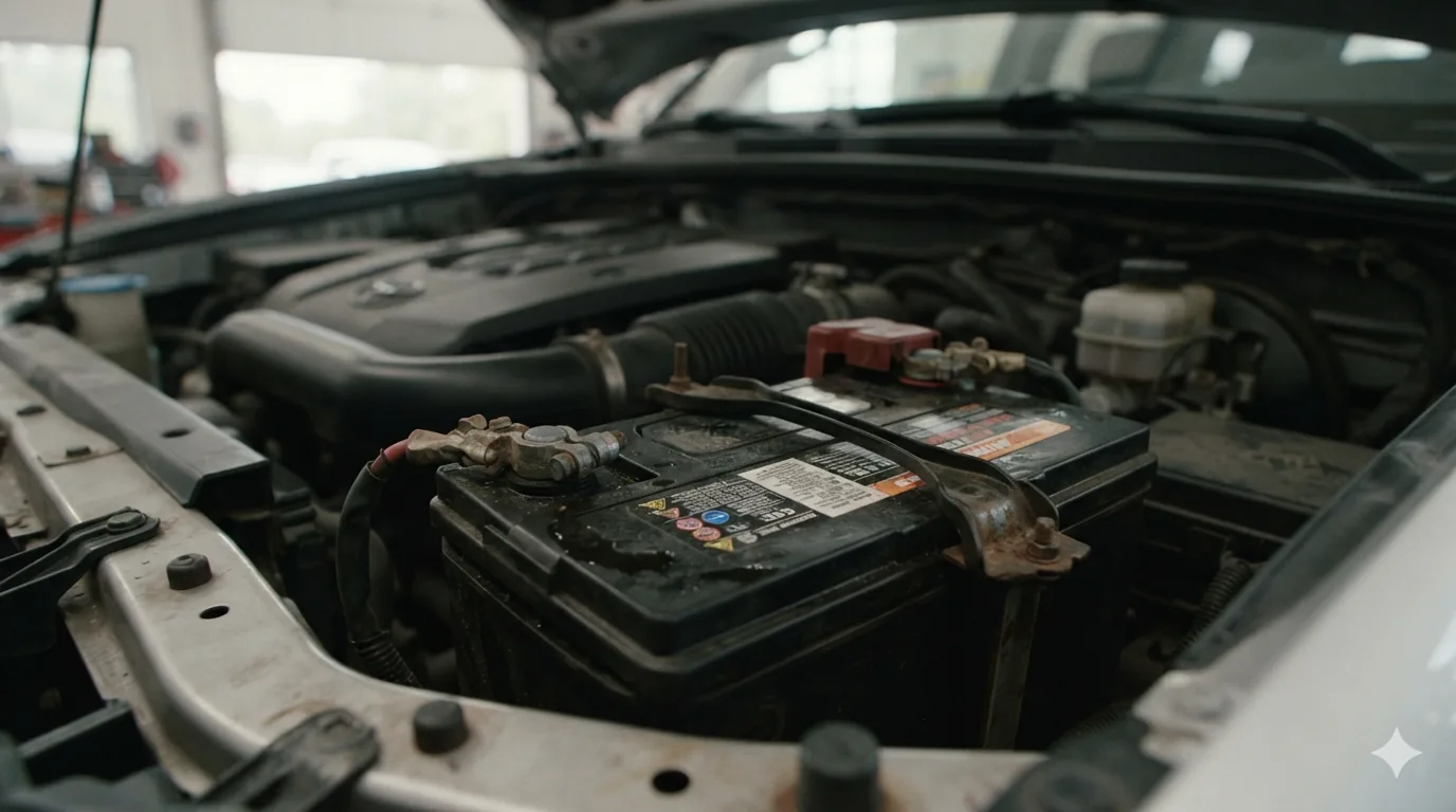 Baterie auto de 12V vizibilă sub capota unui SUV