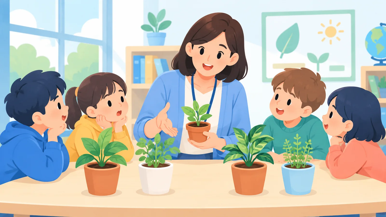 معلمة تجيب عن أسئلة الأطفال حول النباتات