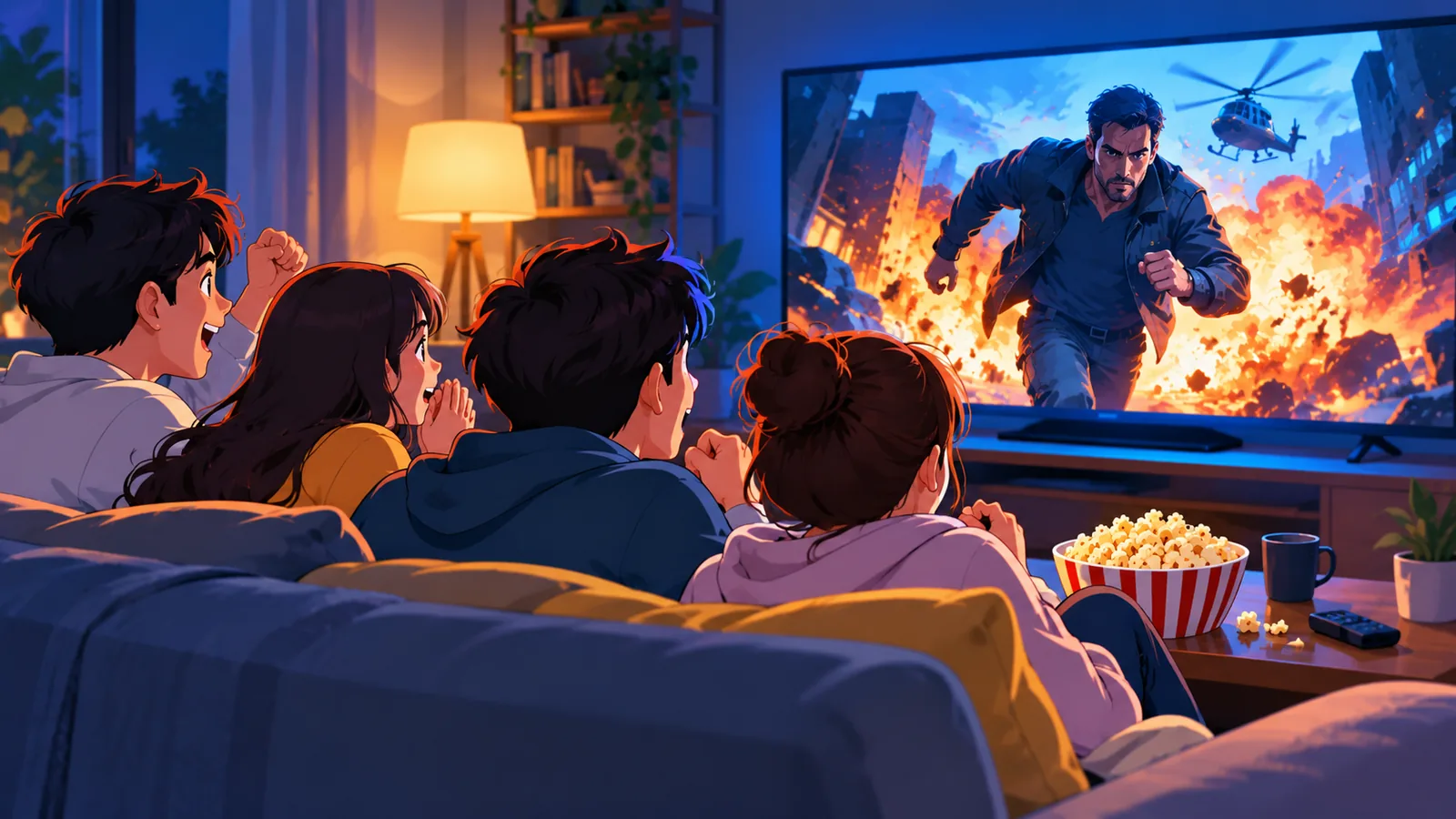 أصدقاء يشاهدون فيلم أكشن على شاشة كبيرة