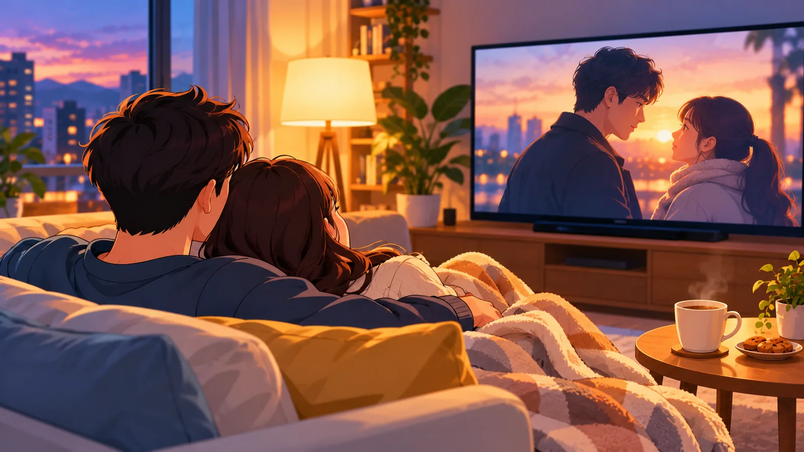 زوجان يشاهدان فيلمًا دراميًا هادئًا في المساء