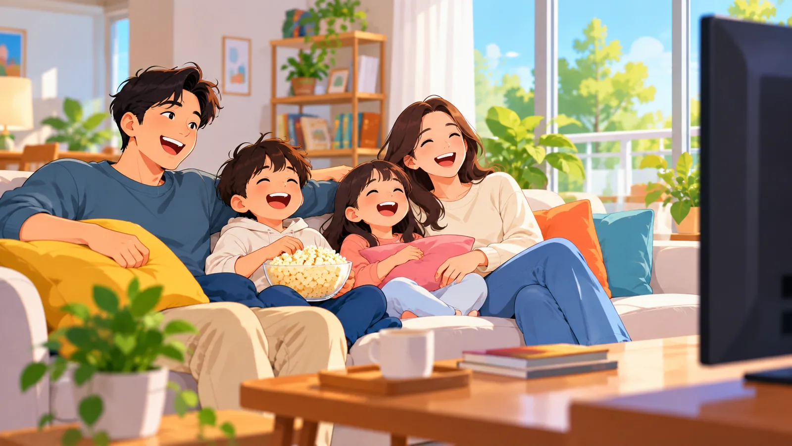 عائلة تضحك أثناء مشاهدة فيلم كوميدي