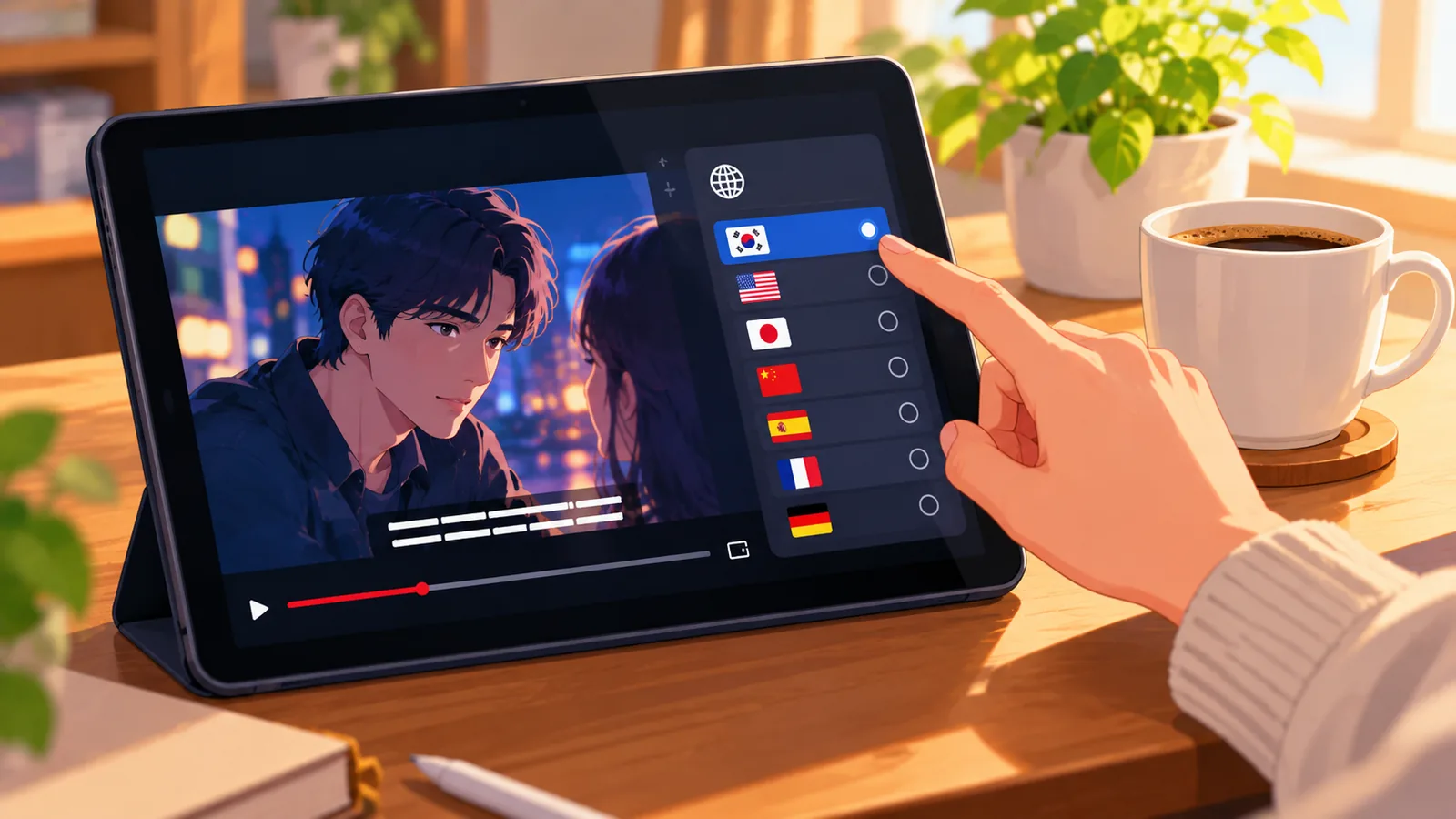جهاز لوحي يعرض فيلمًا بترجمة عربية وإعدادات اللغة