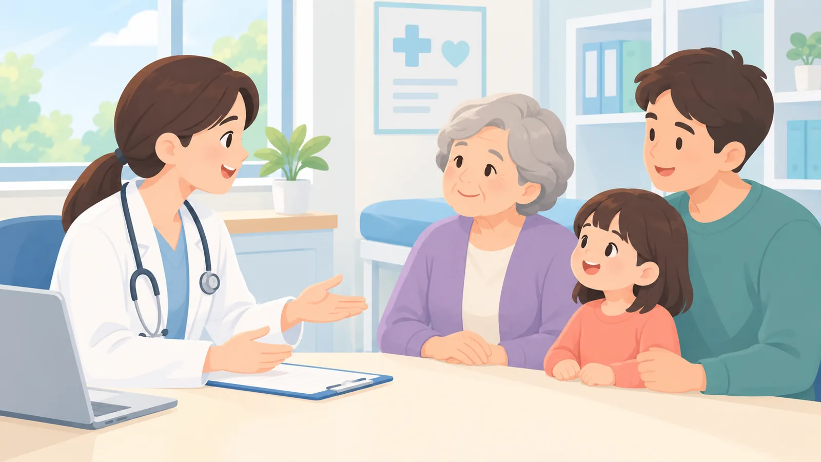 عائلة تتحدث مع طبيب حول استخدام الميلاتونين للأطفال وكبار السن