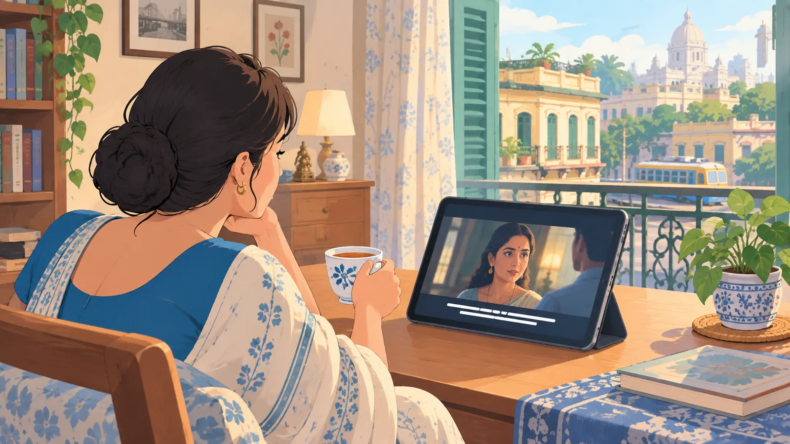 চায়ের কাপ হাতে ট্যাবলেটে সাবটাইটেলসহ সিনেমা দেখছেন একজন নারী