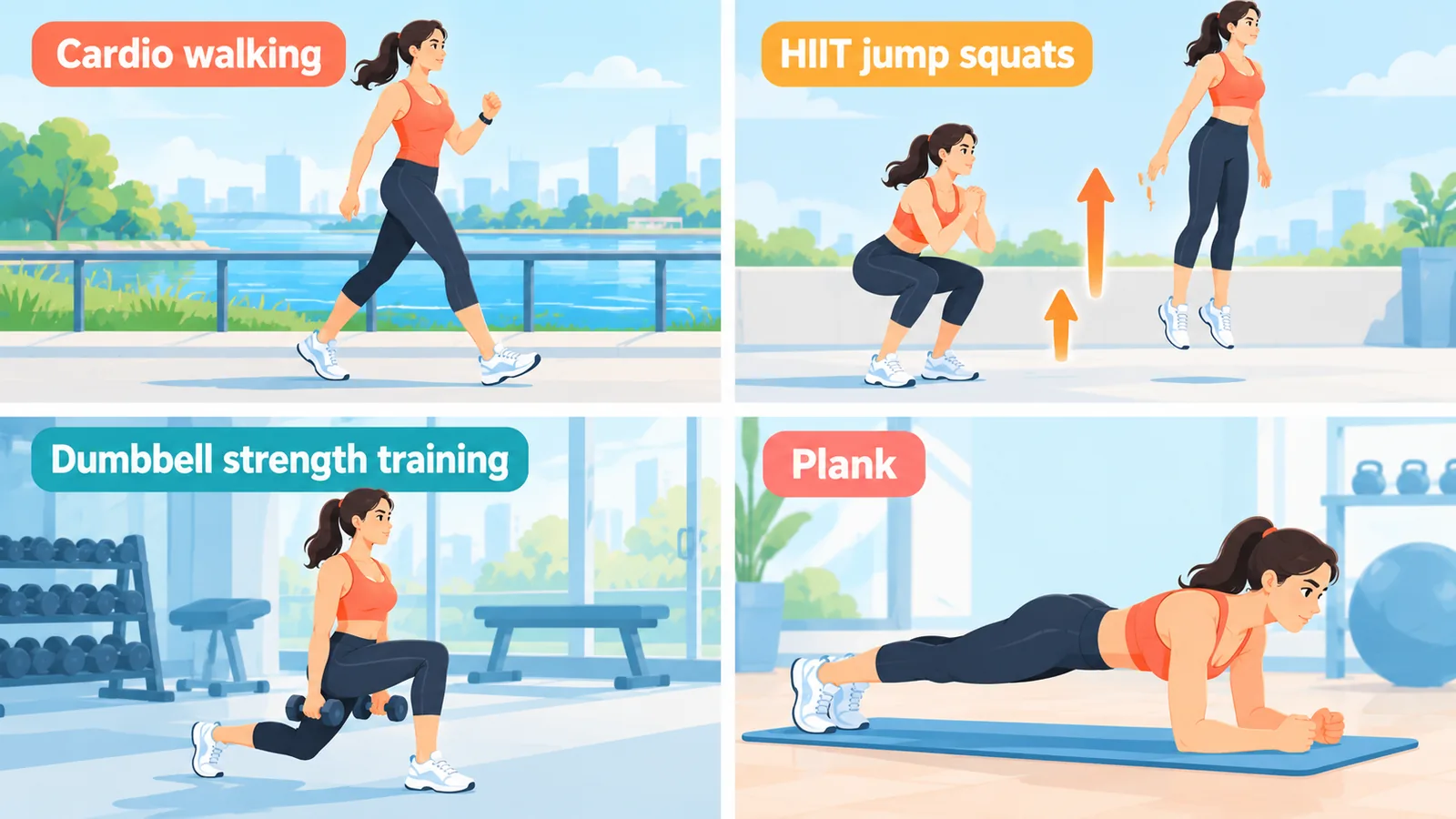 কার্ডিও, HIIT, স্ট্রেংথ ও কোর ব্যায়ামের চার ধরনের প্রদর্শনী