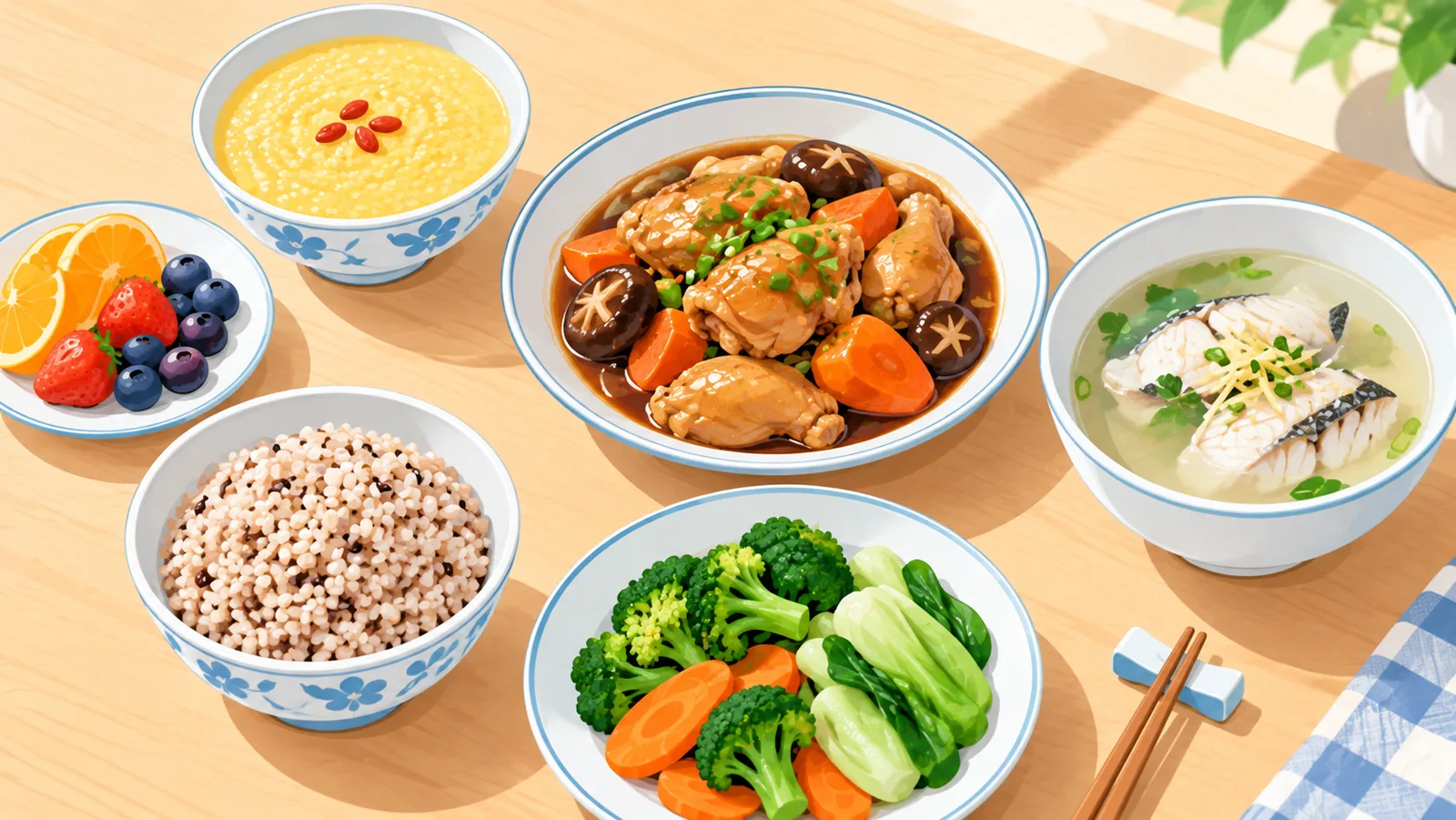 适合哺乳期的家常搭配：小米粥、杂粮饭、蔬菜、鸡肉和清淡鱼汤