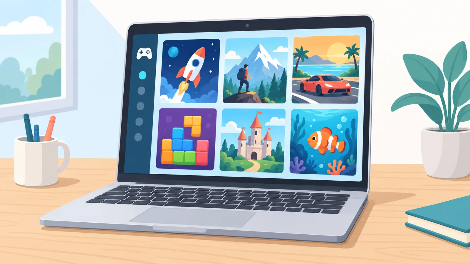 木质书桌上打开的MacBook显示彩色游戏库界面