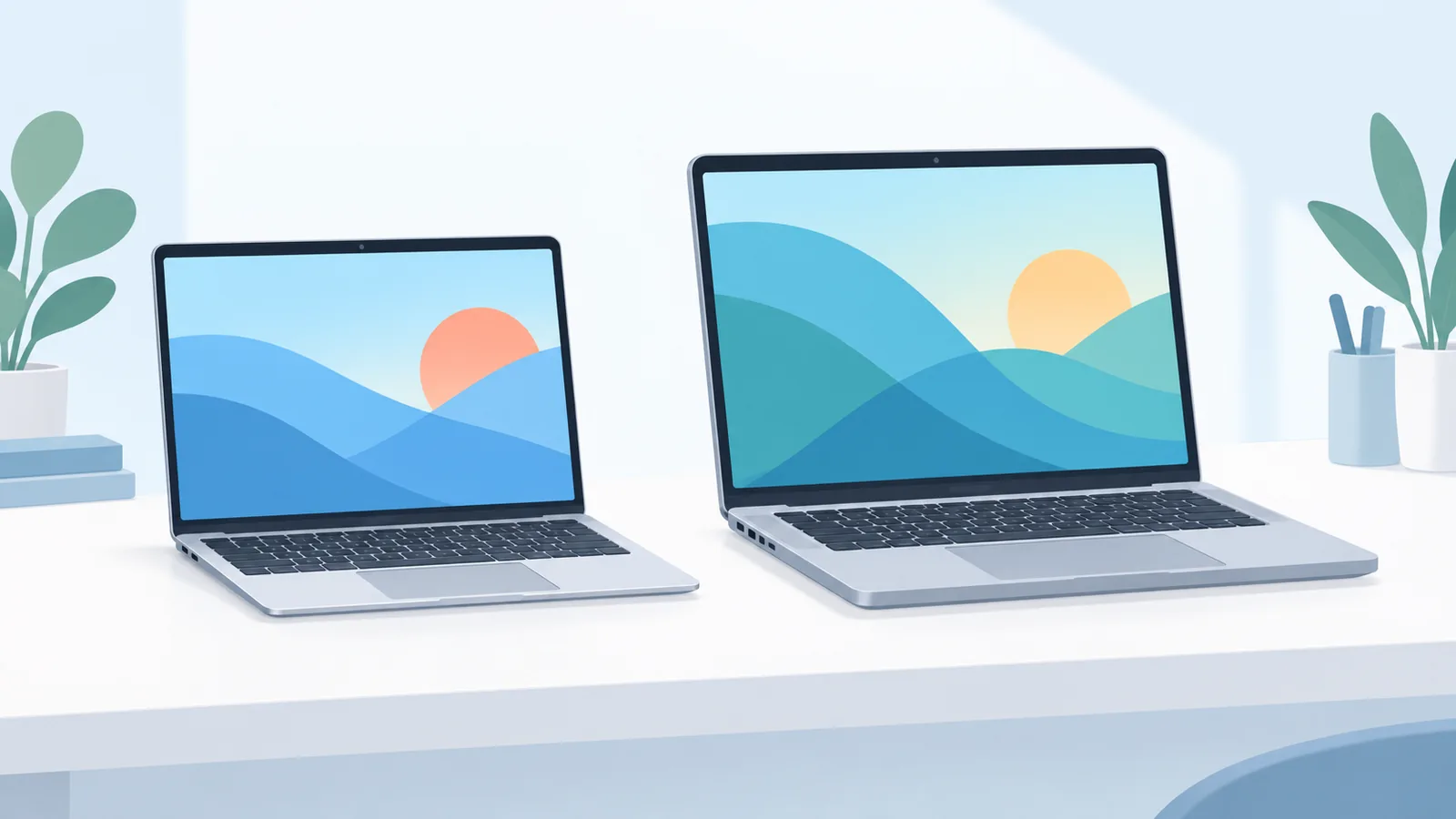两台不同配置的MacBook并排摆放进行对比