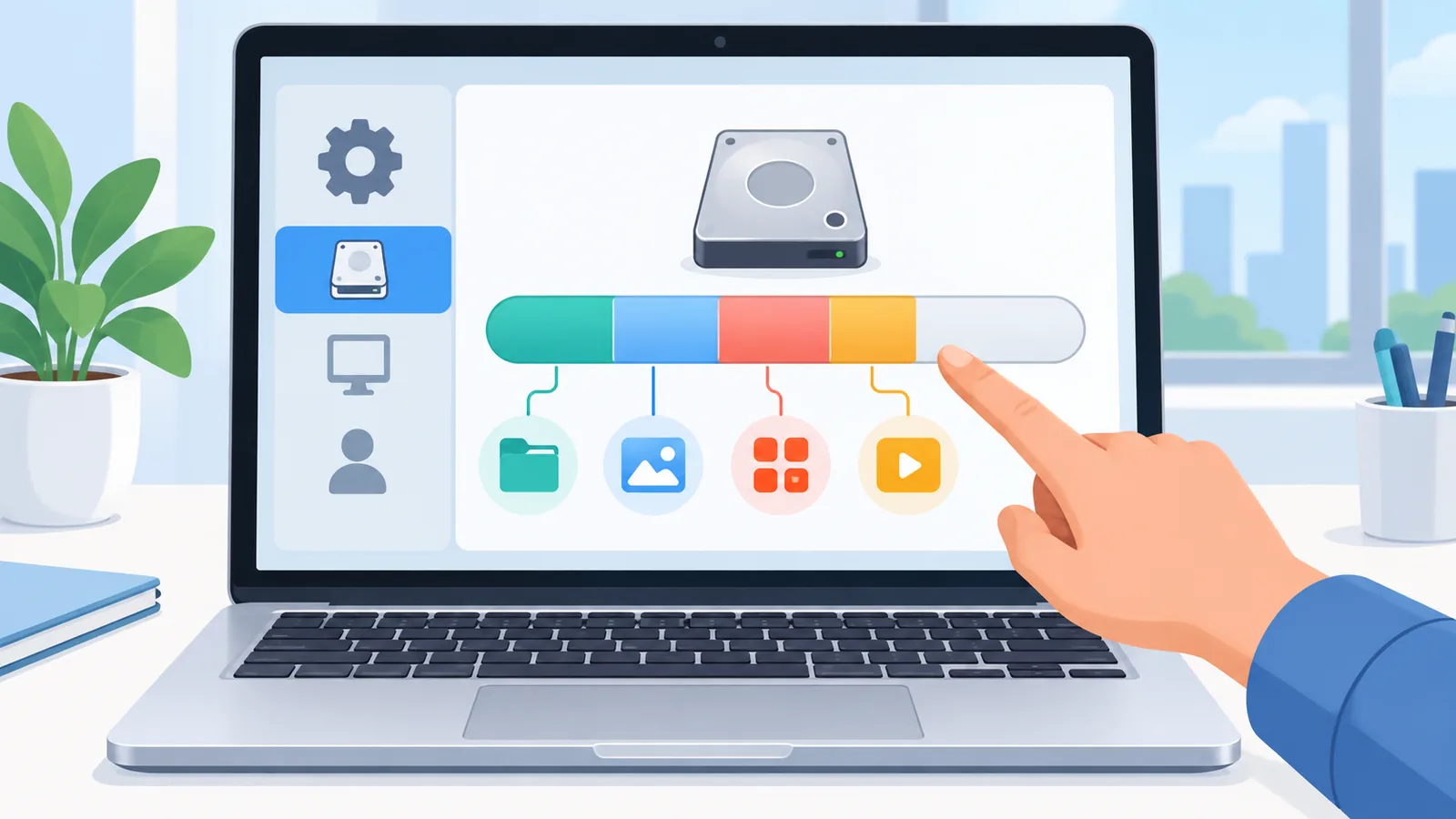 手指指向MacBook屏幕上的系统设置与存储信息