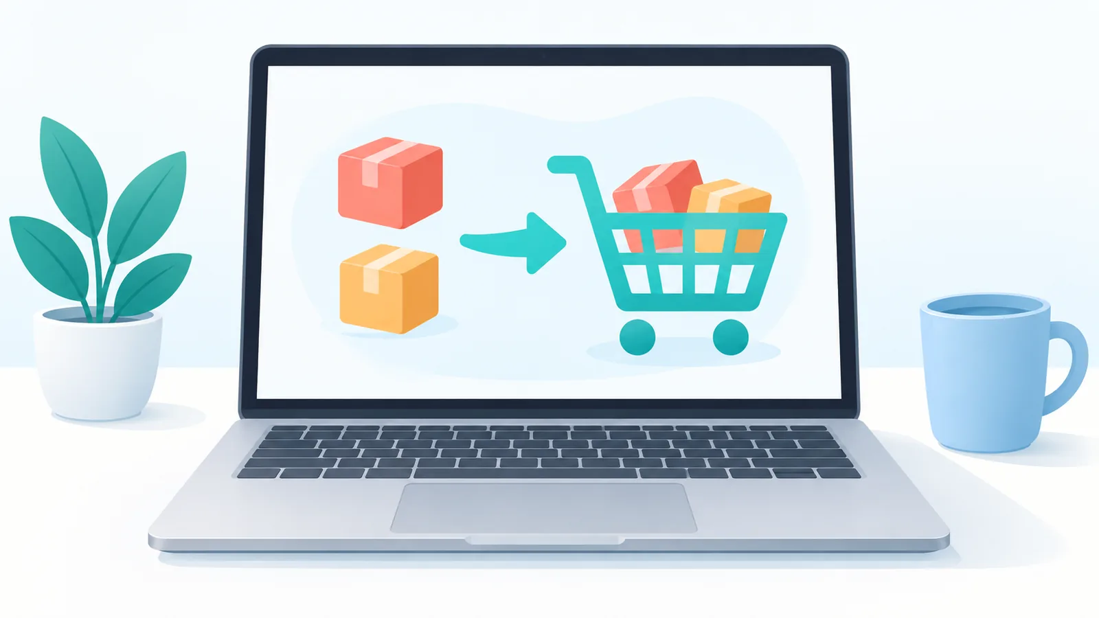 桌面上的MacBook屏幕显示购物车图标界面