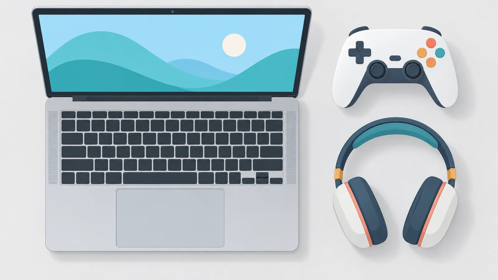 MacBook与无线手柄及耳机整齐摆放在浅灰色桌面上
