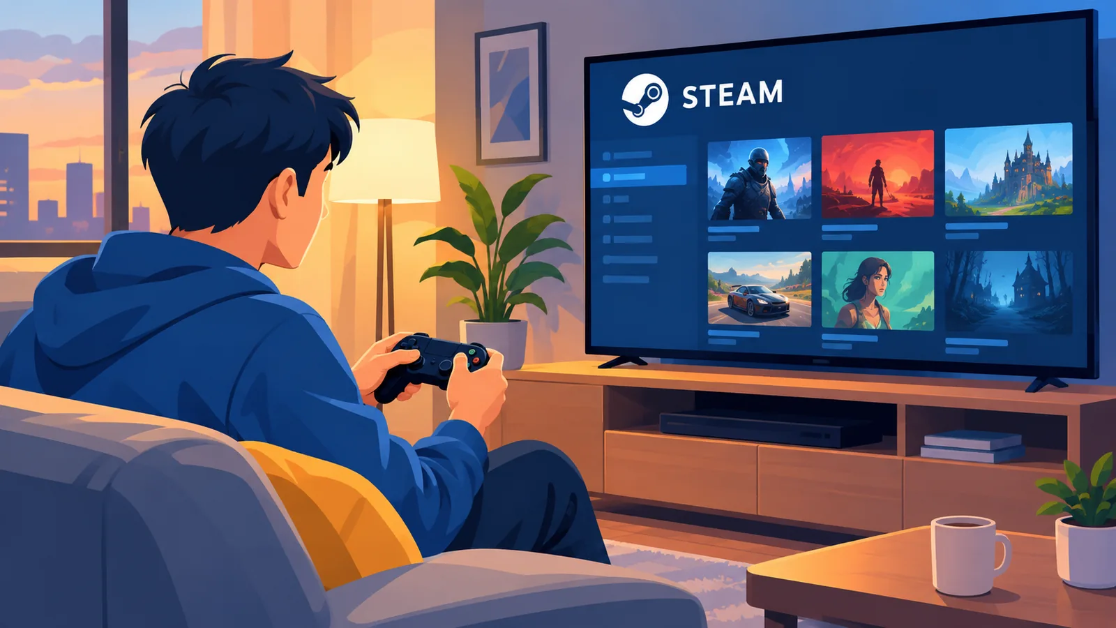 在客厅电视前查看Steam游戏库的玩家