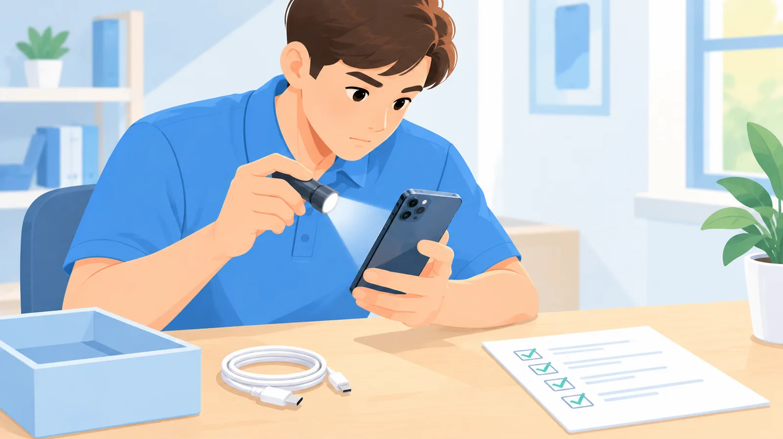 桌面上对一部二手iPhone进行验机检查