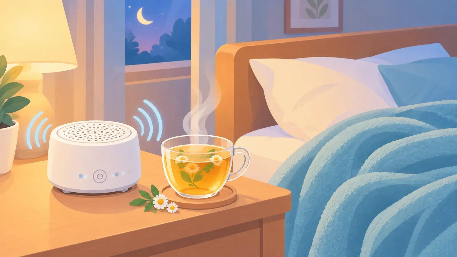 卧室中的白噪音机与助眠茶饮