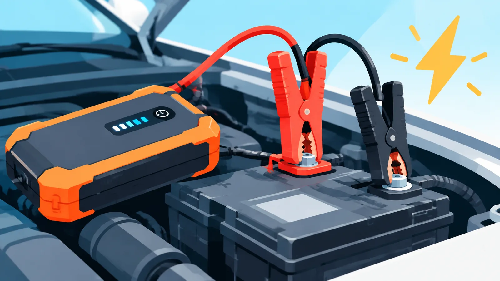 Starthilfegerät an Autobatterie angeschlossen