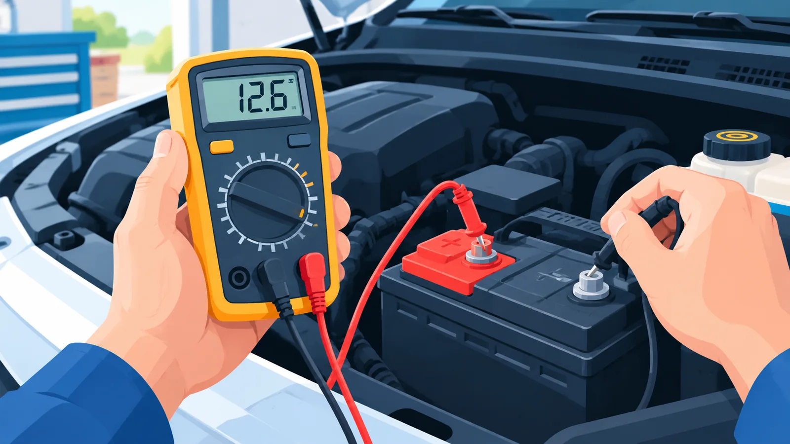 Autofahrer prüft Autobatterie mit einem Multimeter im Motorraum