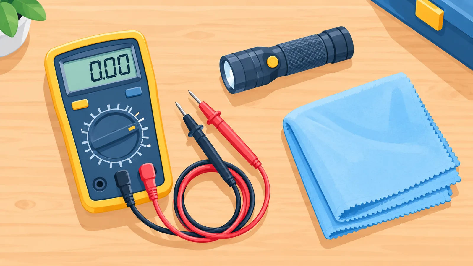 Digitales Multimeter, Taschenlampe und Tuch auf einer Werkbank