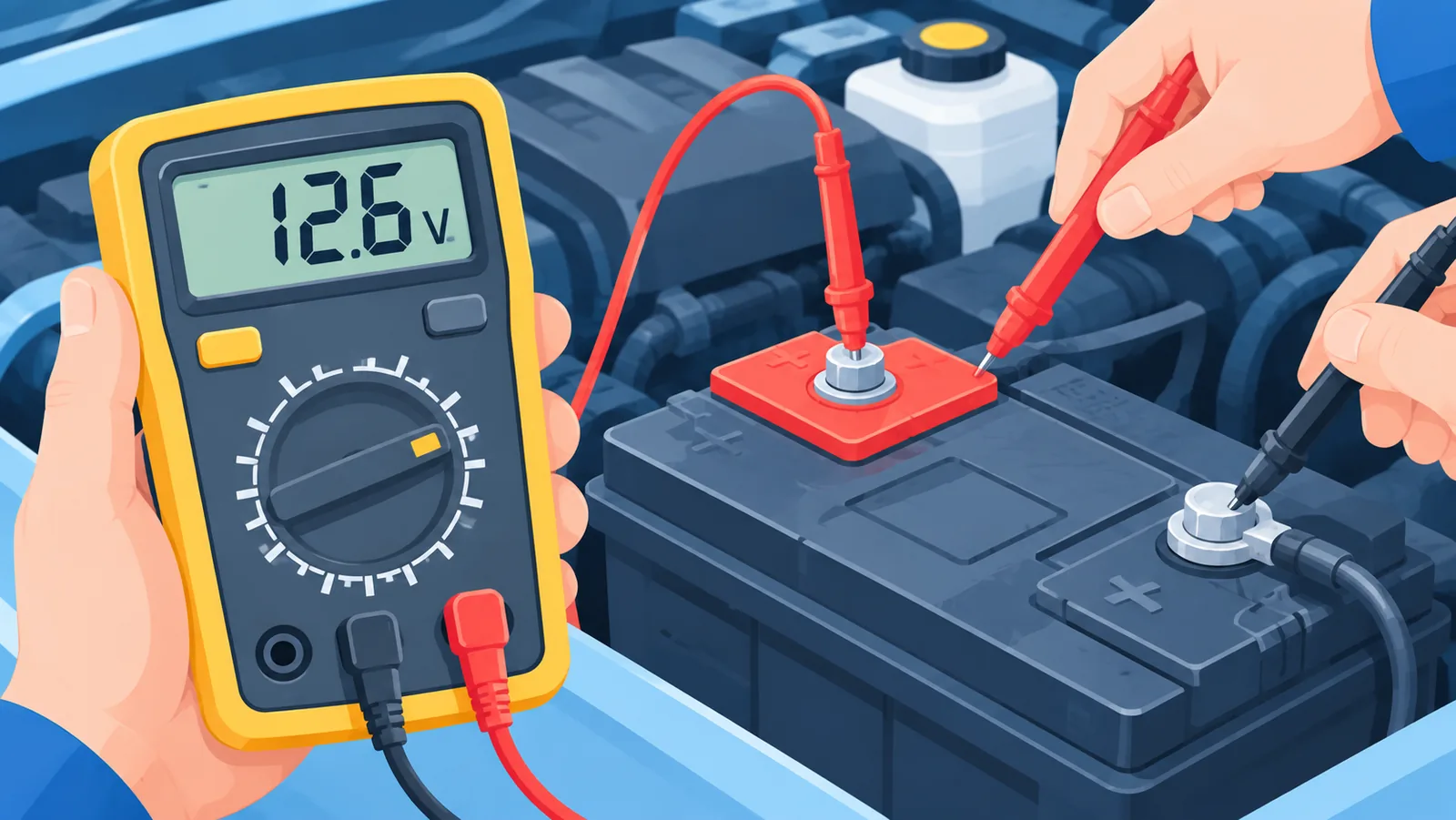 Multimeter misst die Spannung an den Batteriepolen