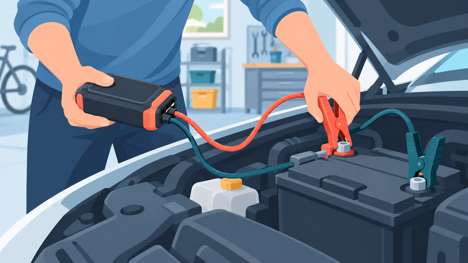 Starthilfegerät an Autobatterie anschließen