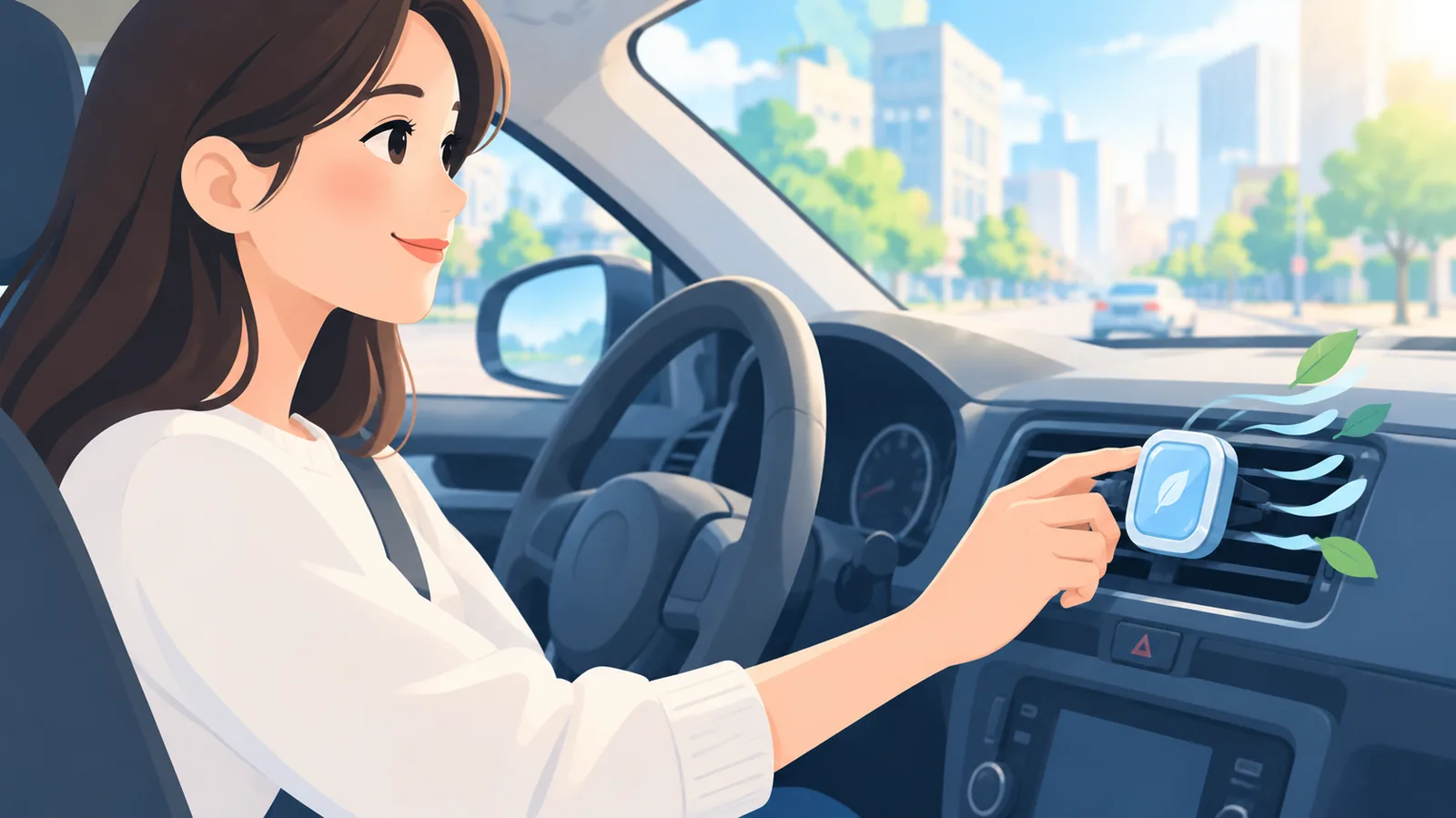 Pendler stellt die Duftintensität eines Lüftungsclips im Auto ein