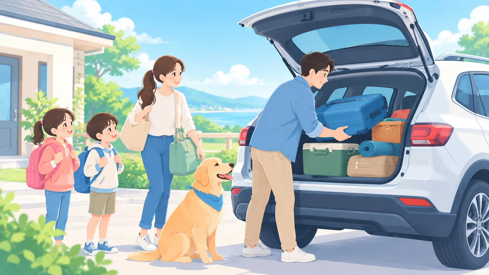 Familie beim Beladen des sauberen Autos vor der Reise