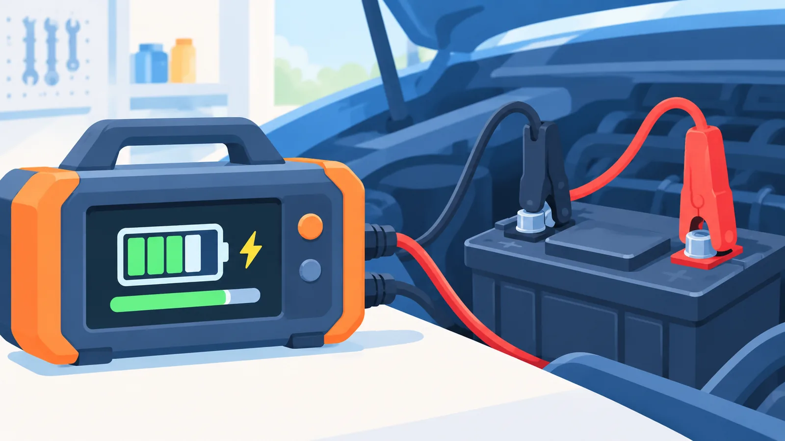 Ladegerät zeigt Ladevorgang an einer Autobatterie unter der Motorhaube