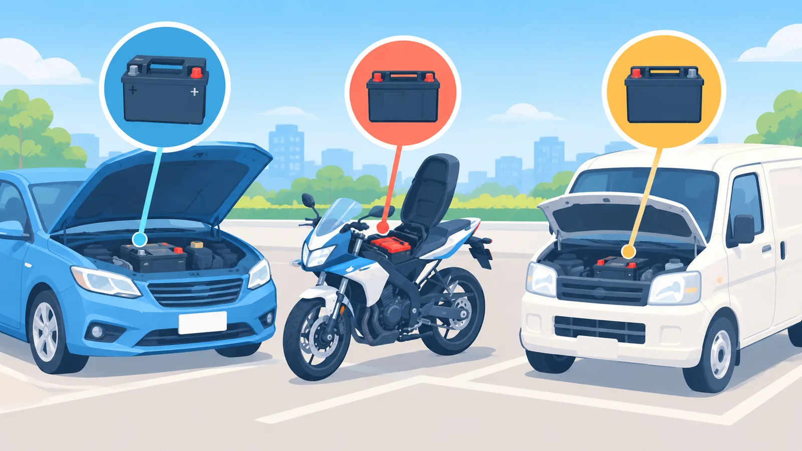 PKW, Motorrad und Nutzfahrzeug mit sichtbarer Batterie