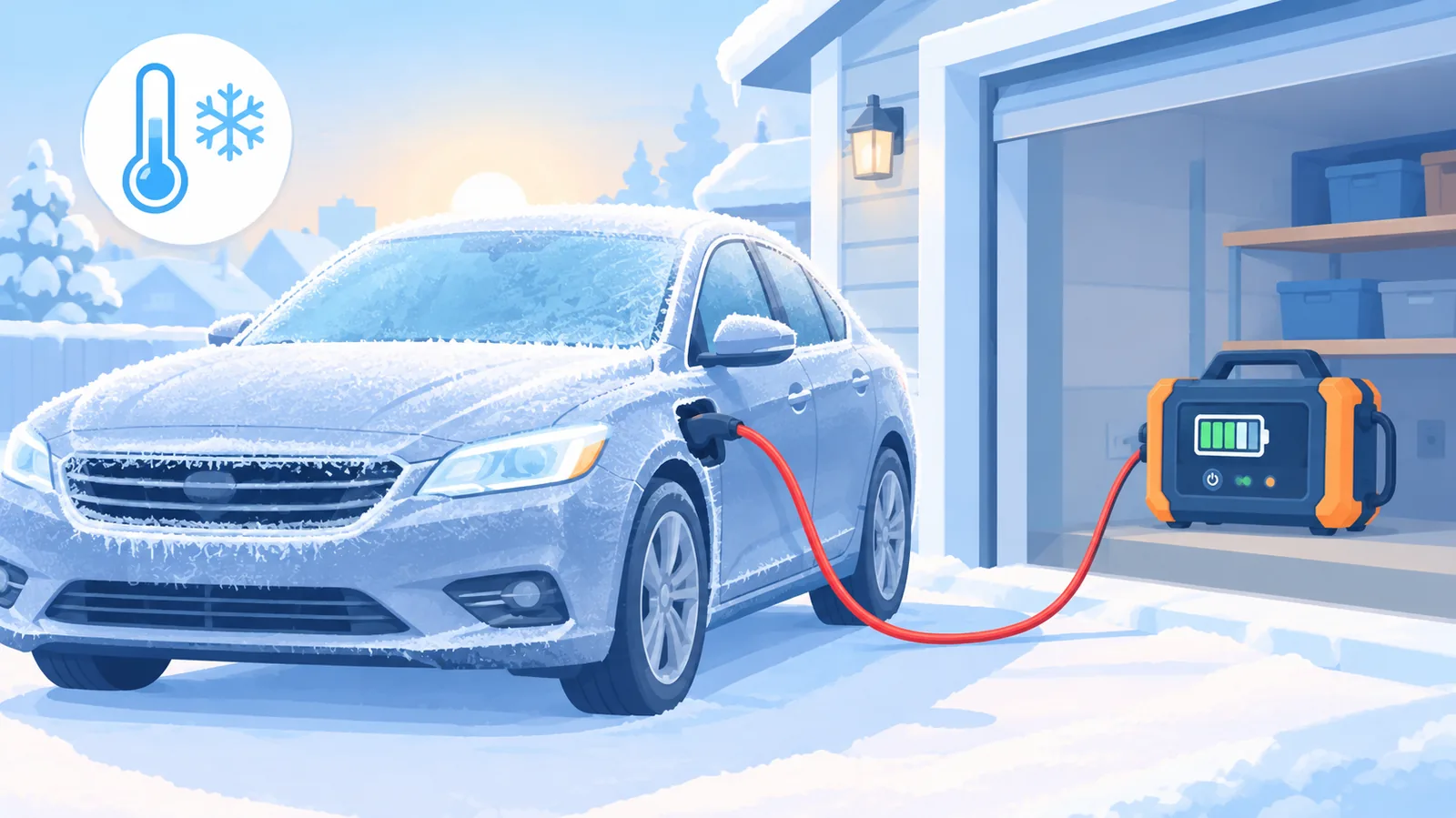 Vereistes Auto im Winter mit angeschlossenem Ladekabel