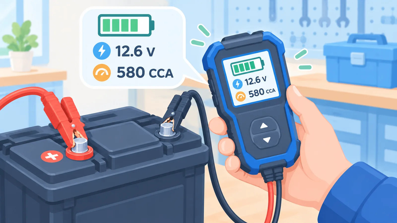 Digitaler Batterietester an einer Autobatterie