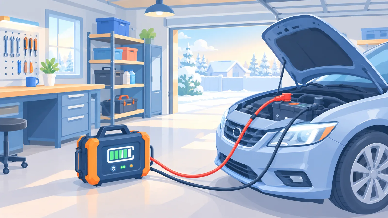 Aufgeräumte Garage mit angeschlossenem Autobatterie-Ladegerät