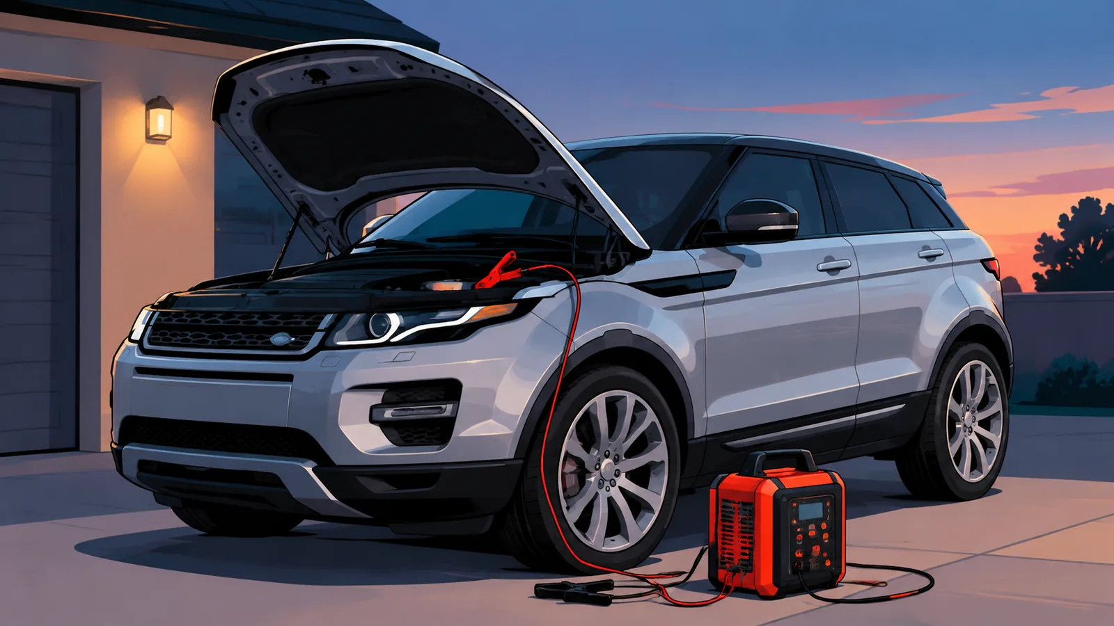 Range Rover Evoque mit geöffneter Motorhaube und bereitgestelltem Ladegerät