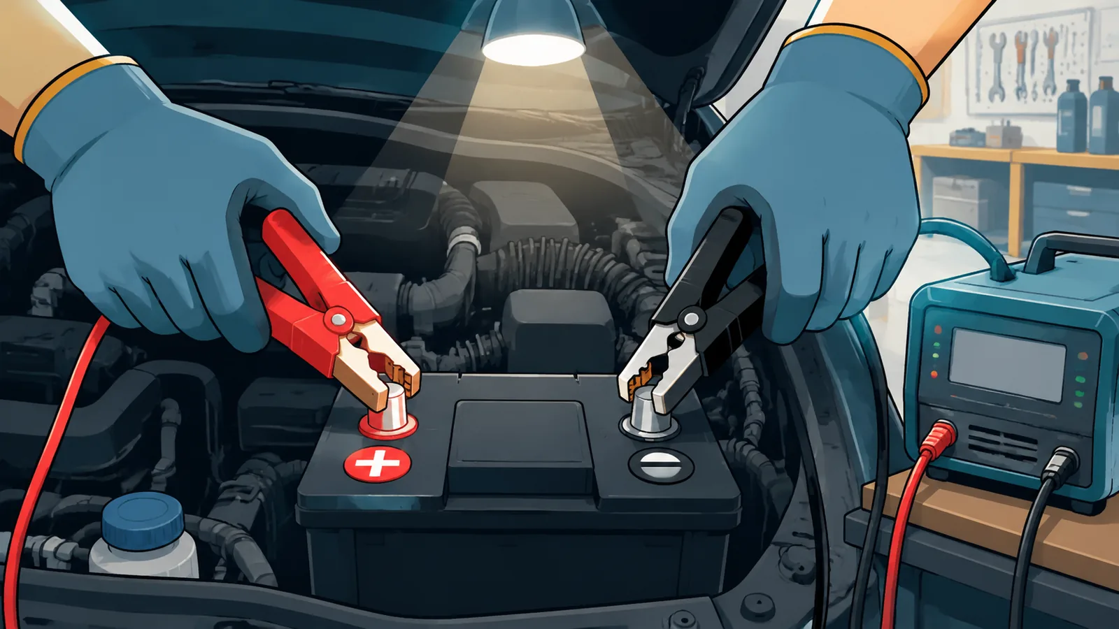 Hände befestigen Ladeklemmen an der Autobatterie