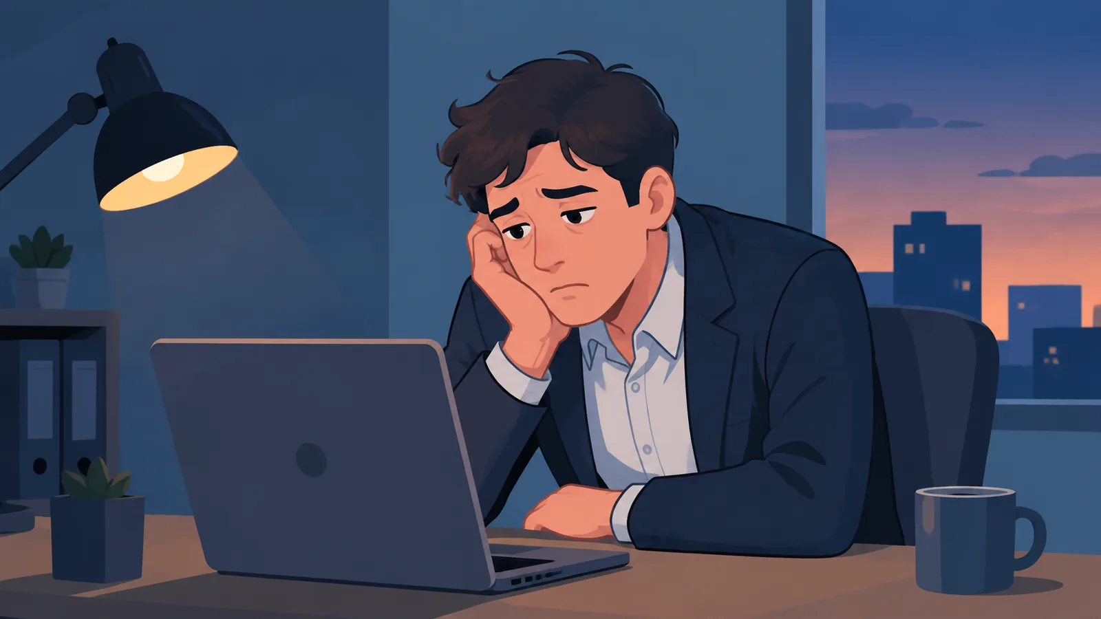 Nachdenkliche Person sitzt abends allein am Schreibtisch im Büro