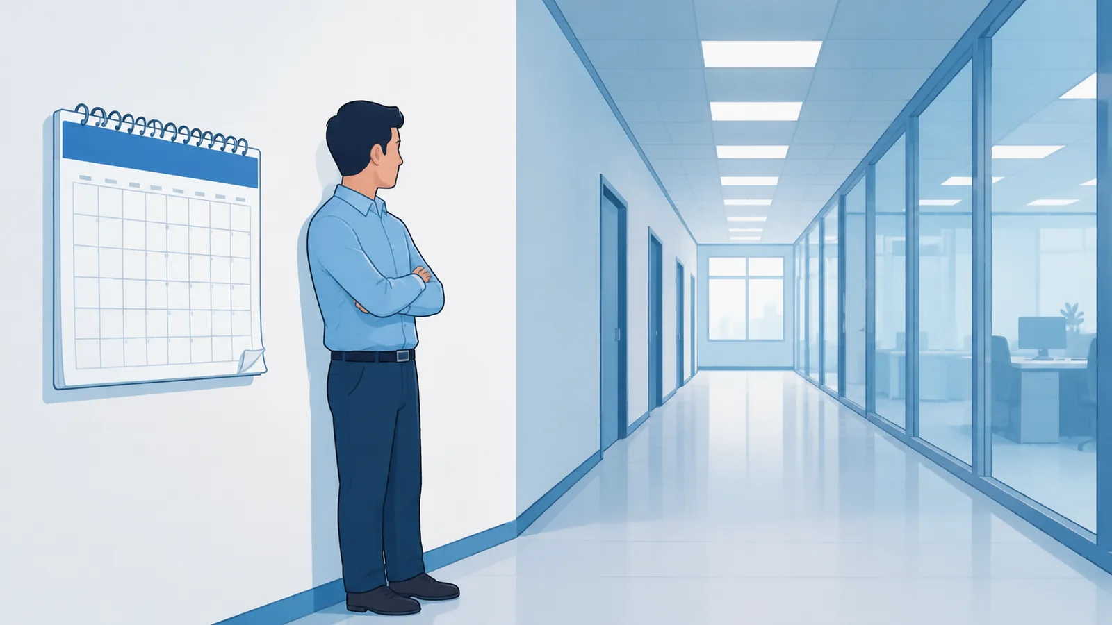 Person steht still im leeren Büroflur neben unverändertem Kalender