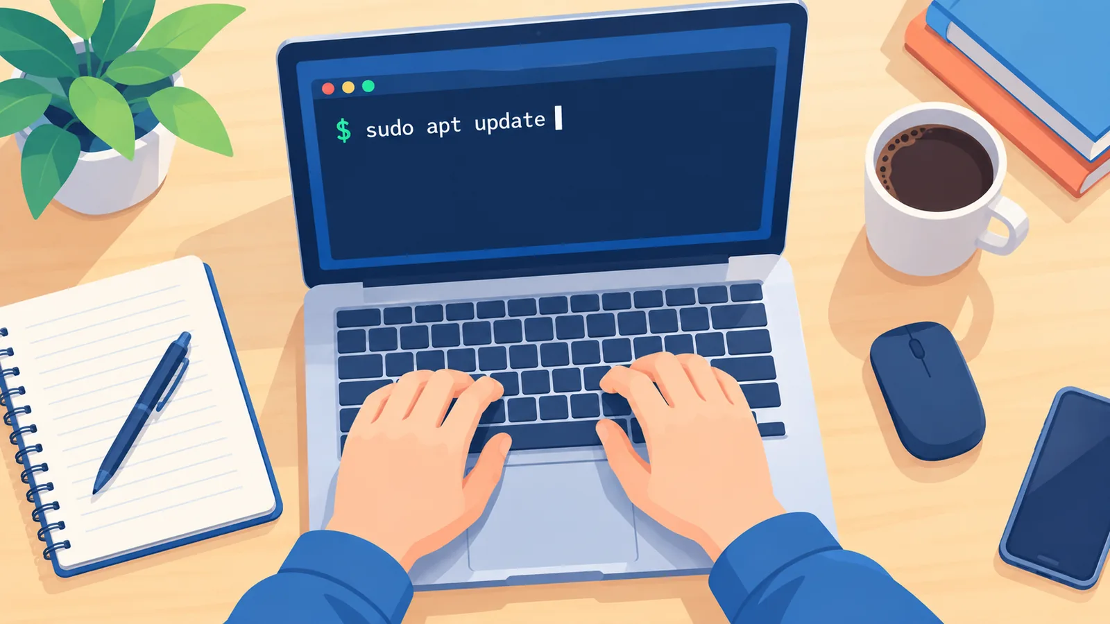 Aufsicht auf einen Schreibtisch mit Laptop und geöffnetem Terminal
