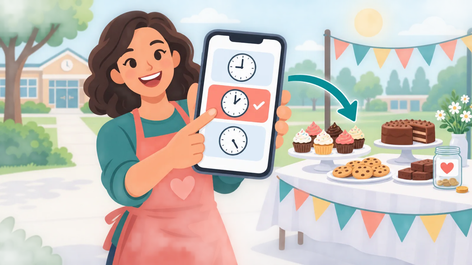 Helfer trägt sich per Smartphone in Zeitfenster für einen Kuchenverkauf ein
