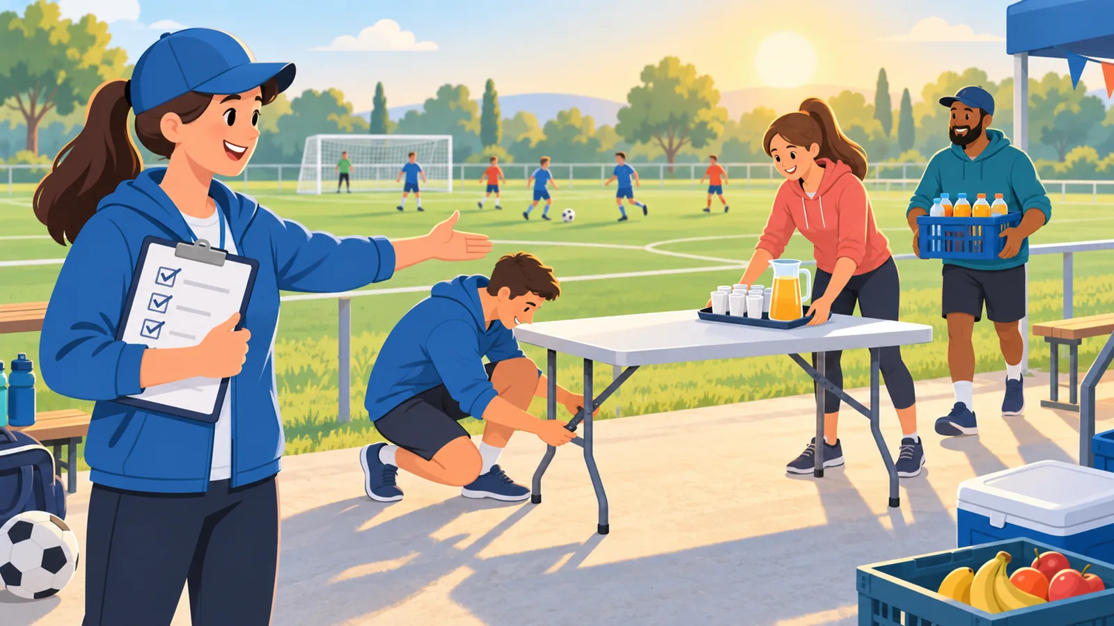 Vereinshelfer bauen am Spieltag einen Getränkestand am Sportplatz auf