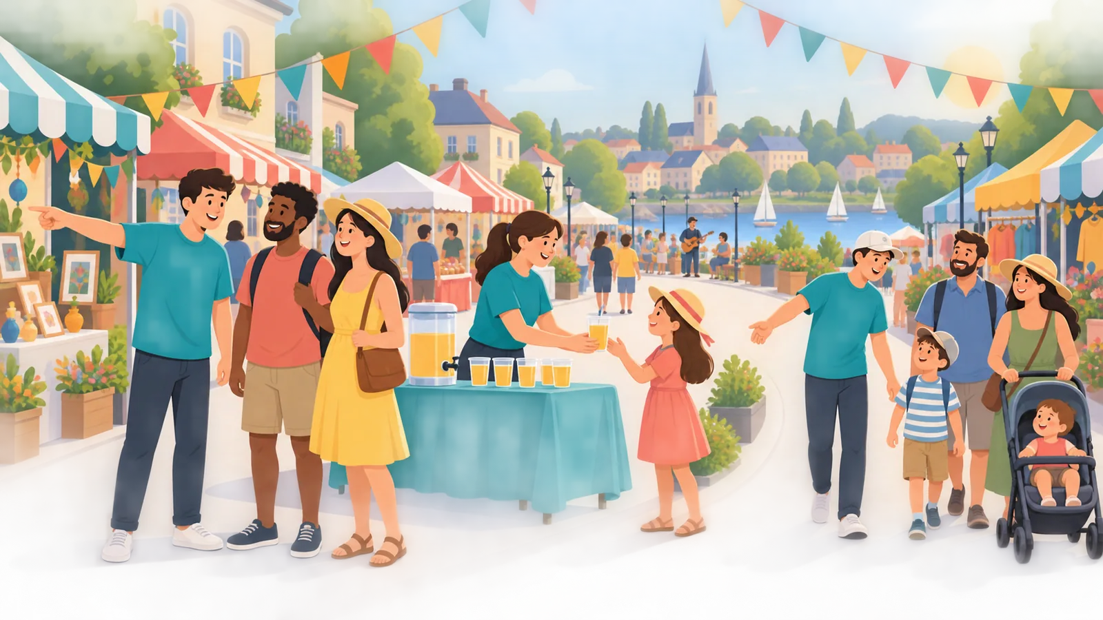 Freiwillige in einheitlichen Shirts helfen auf einem Stadtfest