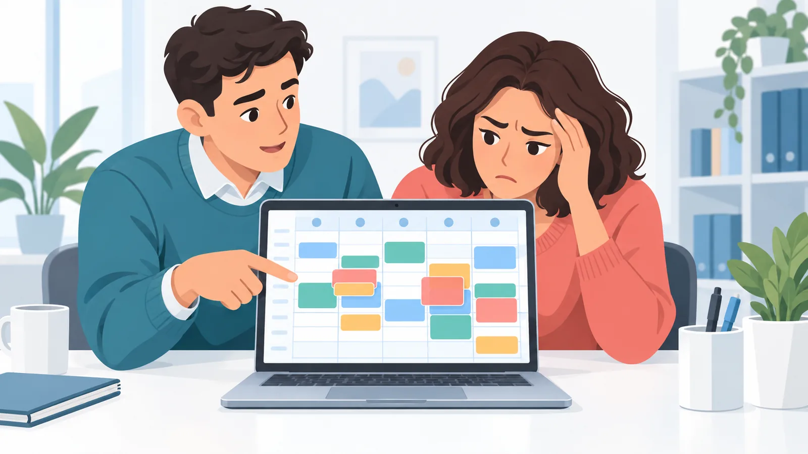 Koordinatorin und Kollege besprechen Fehler in einem überladenen Kalender