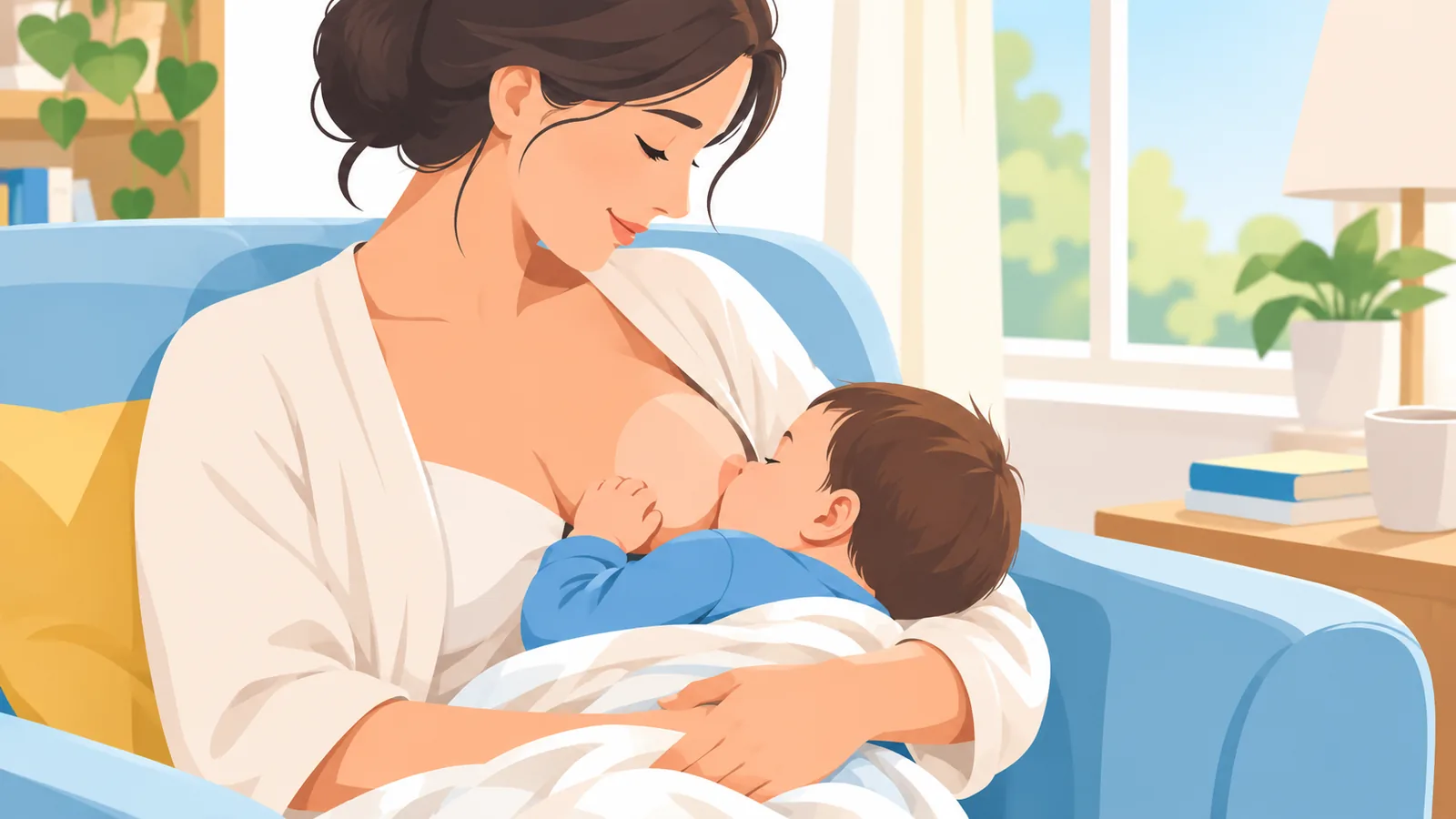 Mutter stillt ihr Baby in gemütlicher Umgebung