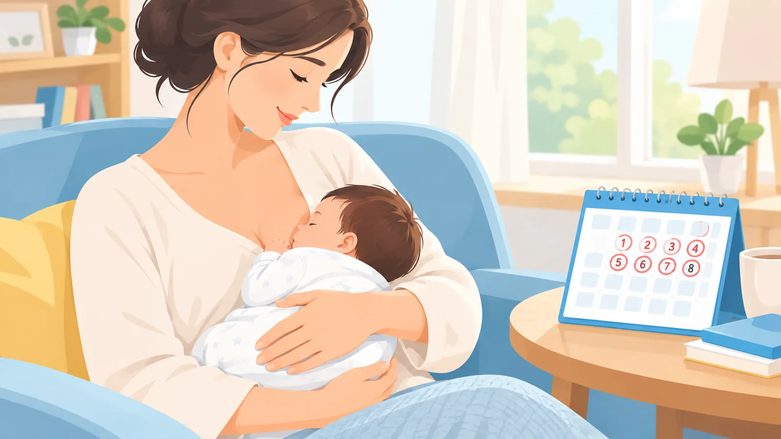 Mutter mit Baby und Kalender im Hintergrund