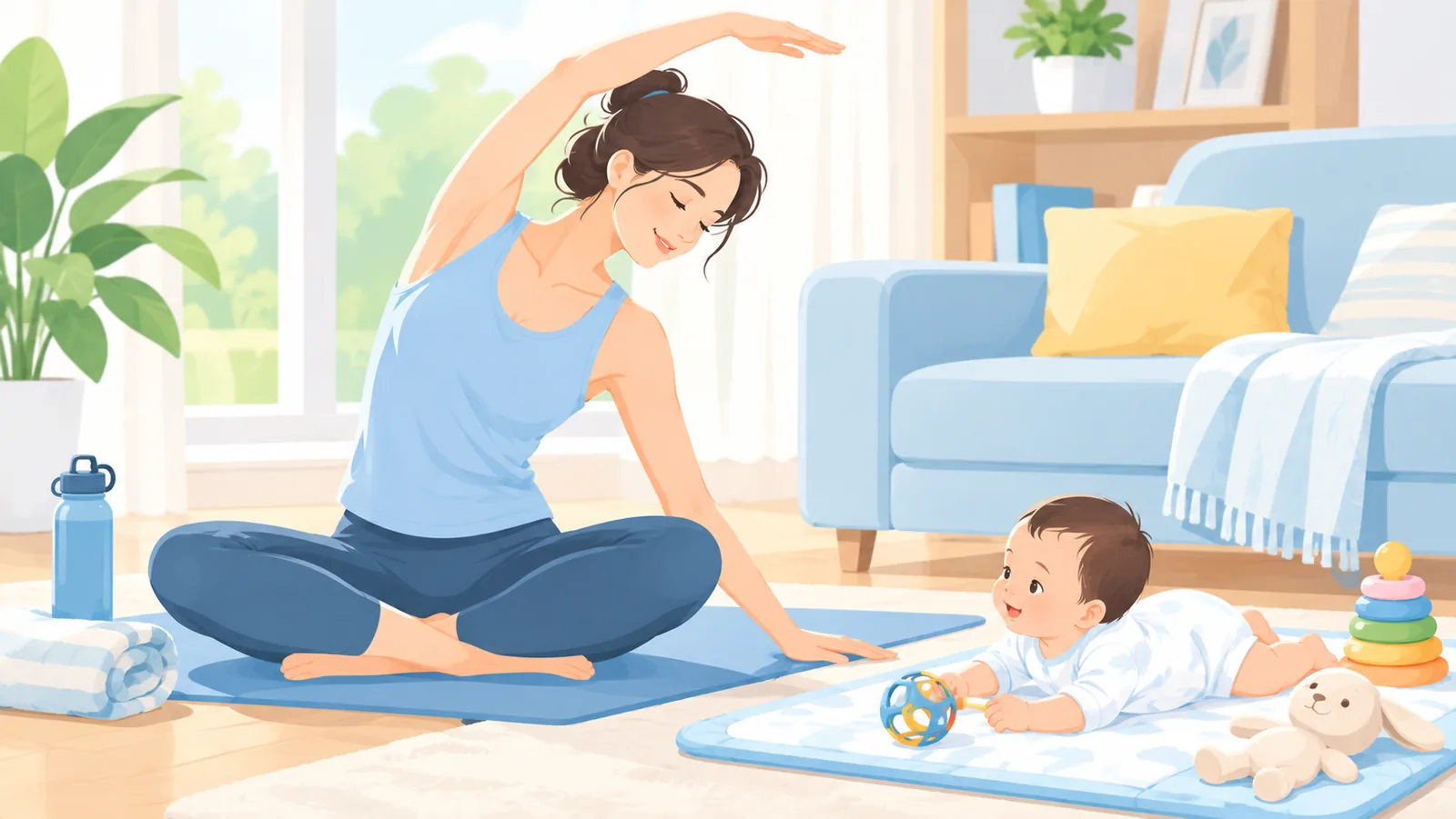 Mutter macht sanfte Übungen neben ihrem Baby