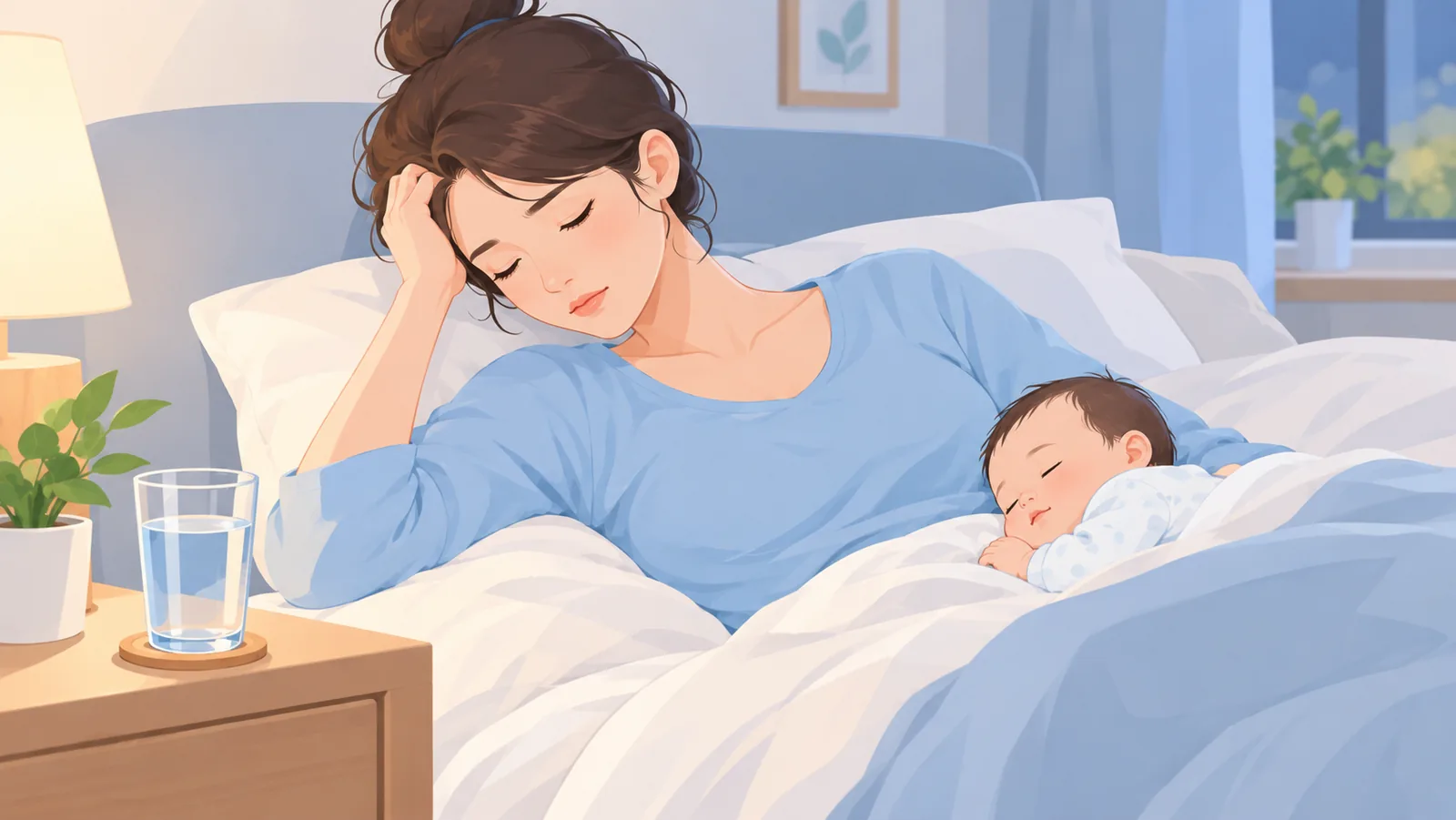 Erschöpfte Mutter ruht sich im Bett aus