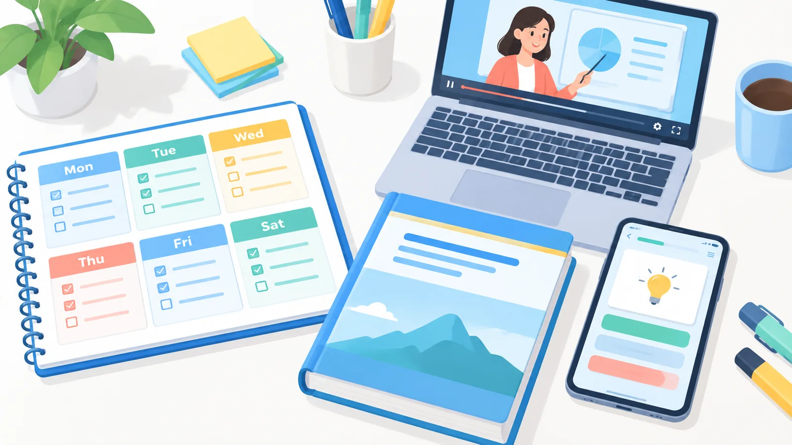 Lernplaner, Fachbuch, Laptop und Smartphone als Lernhilfsmittel