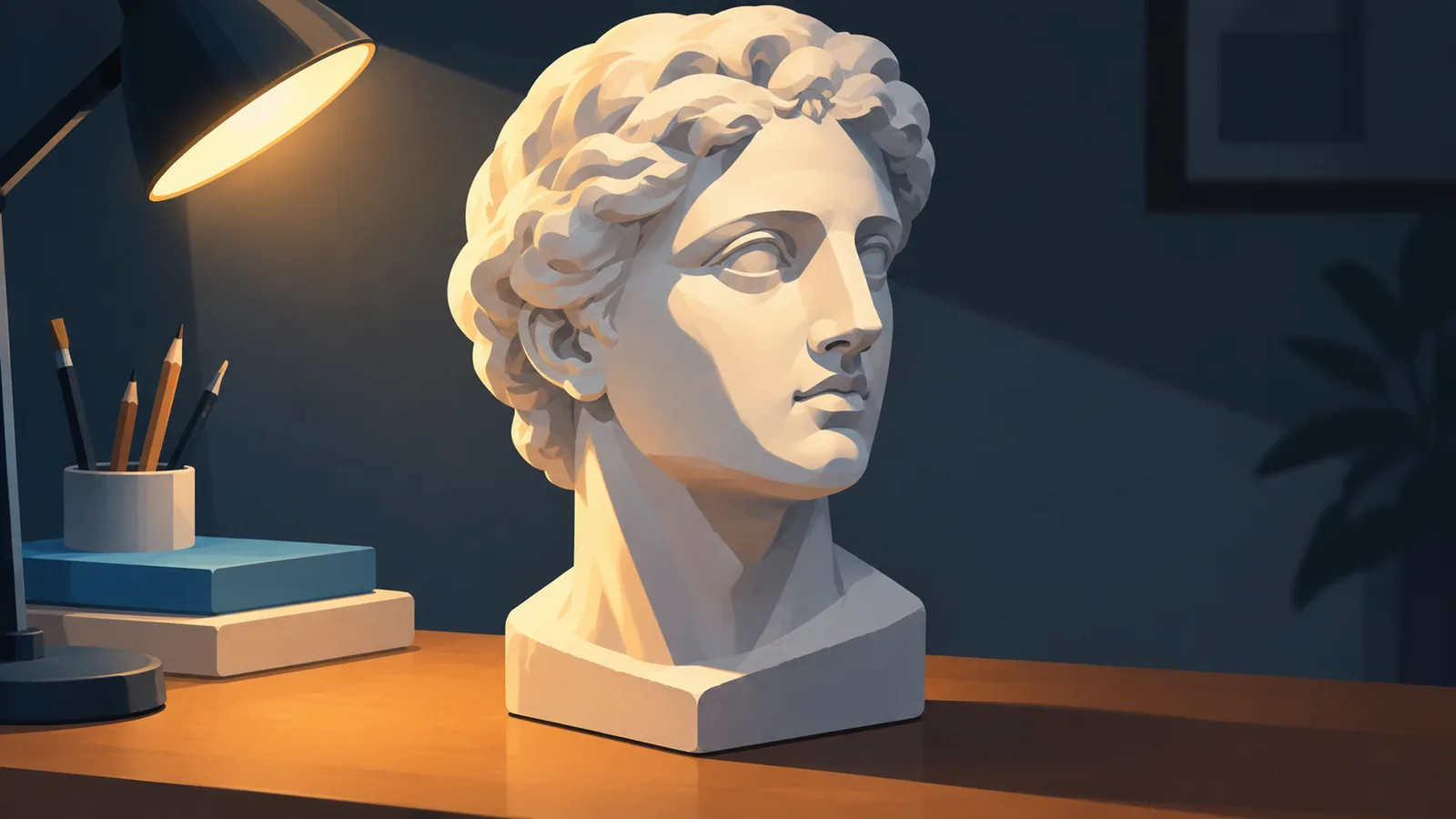 Gipskopf im Licht einer einzelnen Lampe mit Kernschatten, Reflexlicht und Schlagschatten