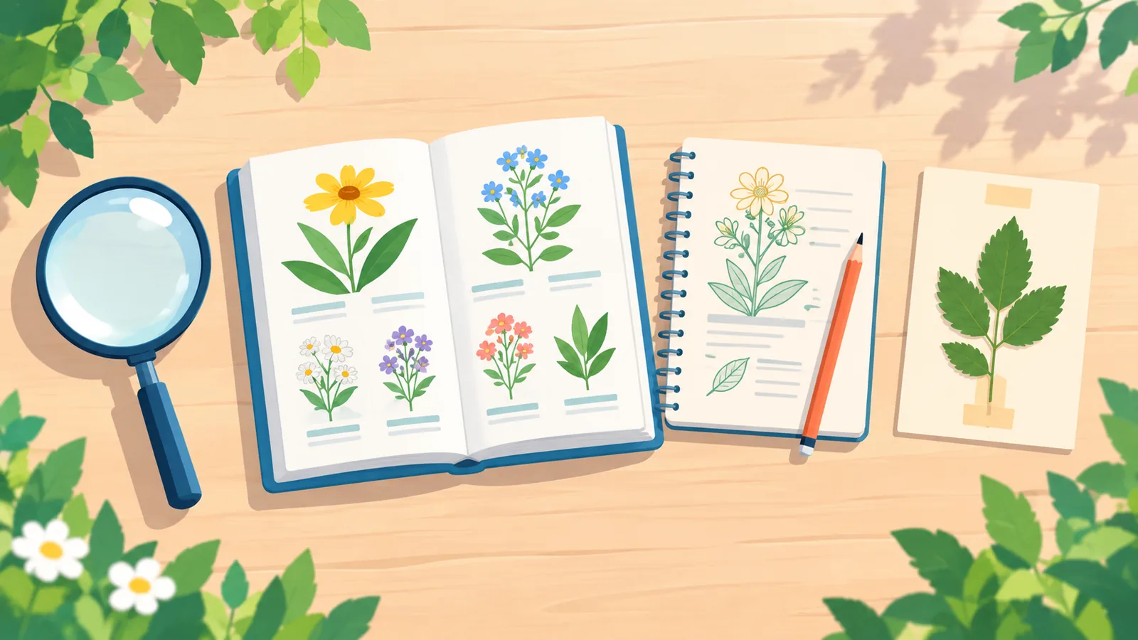 Lupe, Bestimmungsbuch, Notizbuch und gepresstes Blatt auf einem Gartentisch
