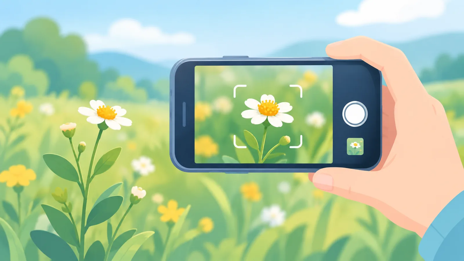 Hand fotografiert mit dem Smartphone eine kleine Wildblume