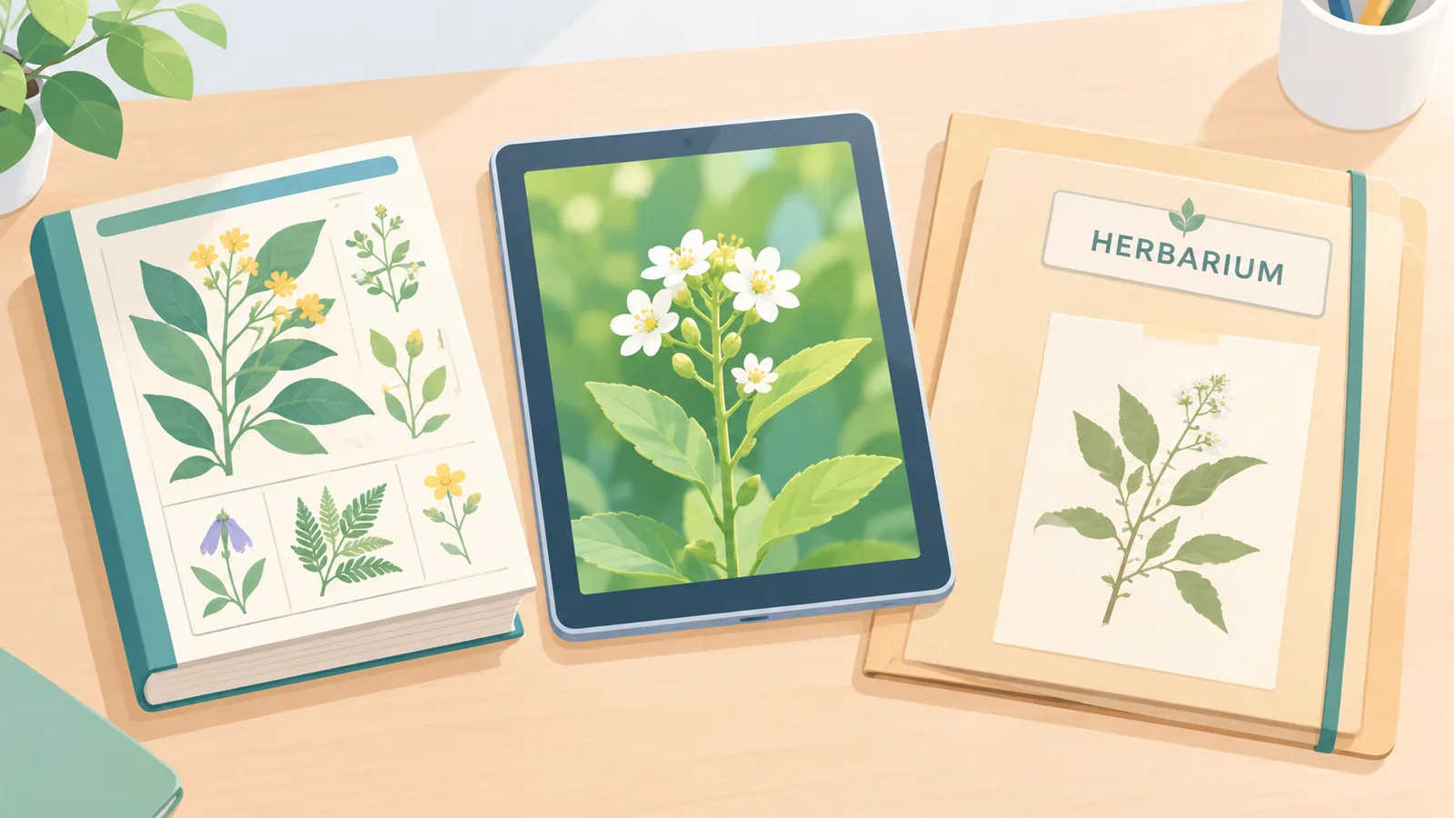 Bestimmungsbuch, Tablet und Herbarium-Mappe im direkten Vergleich