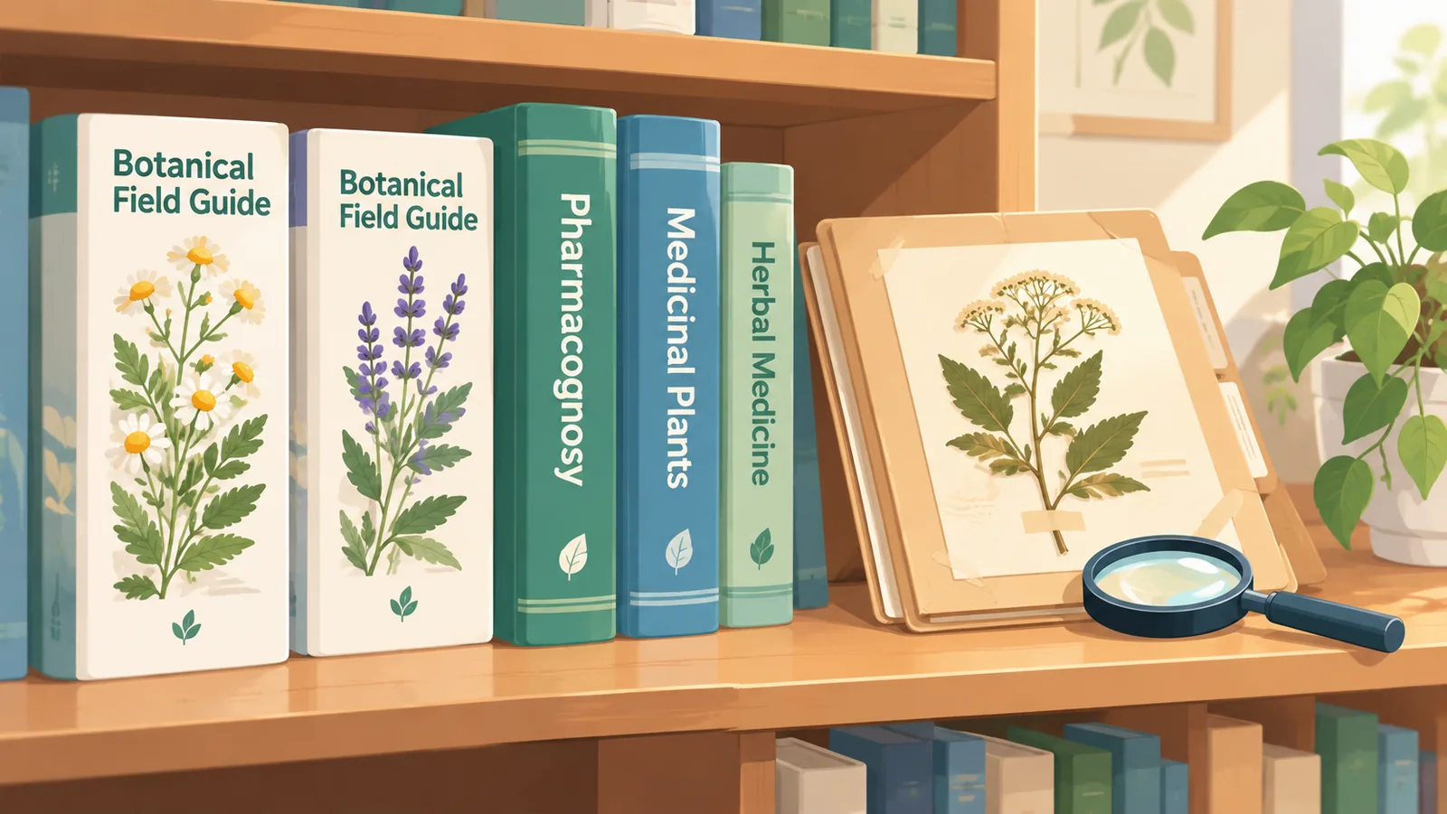 Regal mit Fachbüchern zu Heilpflanzen und Bestimmungsliteratur