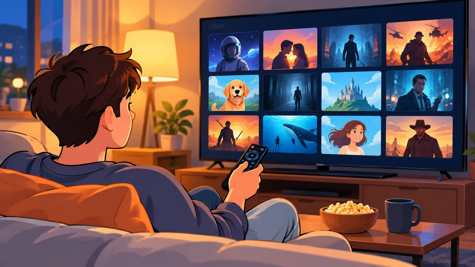 Person auf dem Sofa wählt mit der Fernbedienung einen Film aus